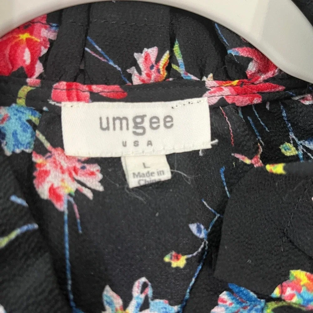 UMGEE Top Womens Large Black Floral Ruffle Tie High Neck Bell Sleeve Boho Hippie - Picture 6 of 9